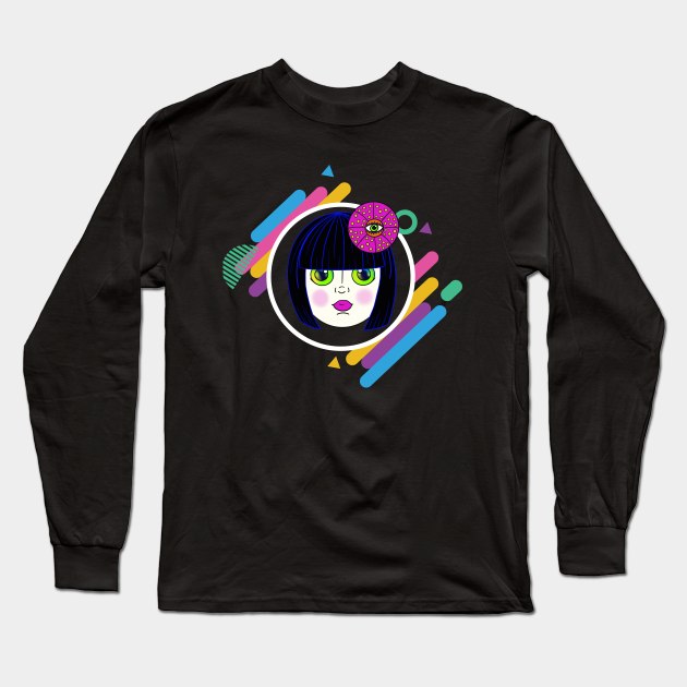 Yayoi Kusama Dollface GeoFrame/Black Hair Long Sleeve T-Shirt by The Neon Seahorse